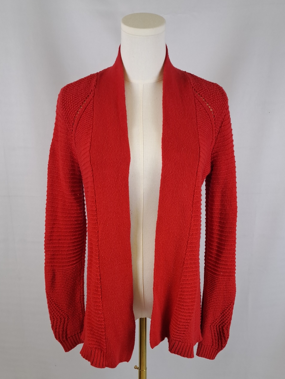 Liz Claiborne Cherry Red Open Front Open Knit Textured Cardigan Sweater Size S